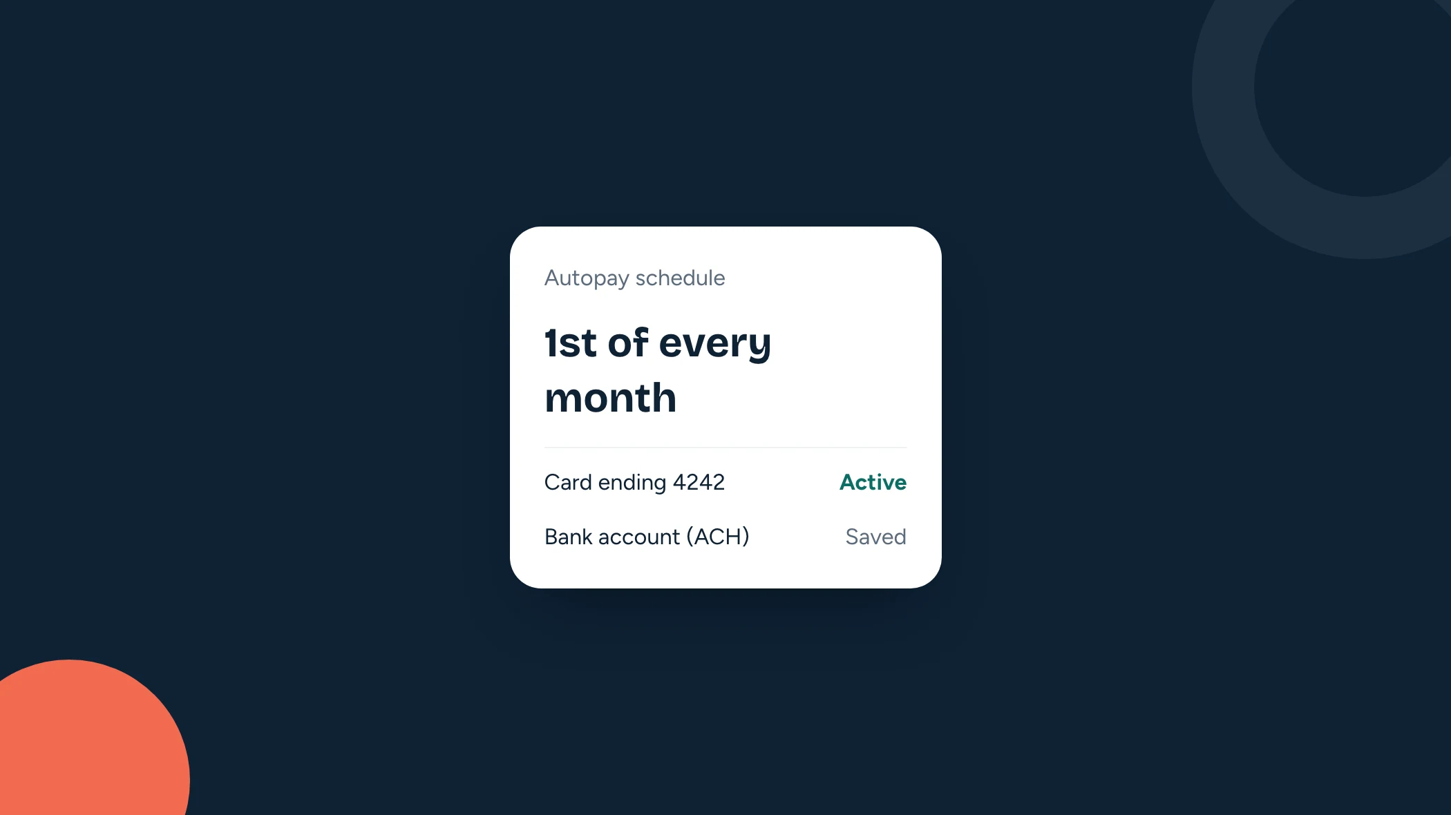 An autopay schedule charging a saved card on the 1st of every month